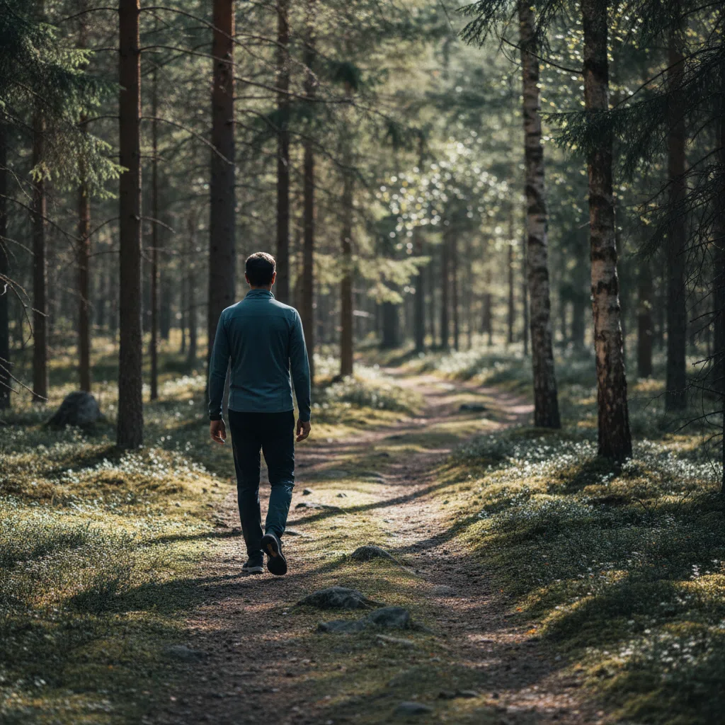 Anonyymi keski-ikäinen mies kävelemässä pohjoismaisessa metsässä